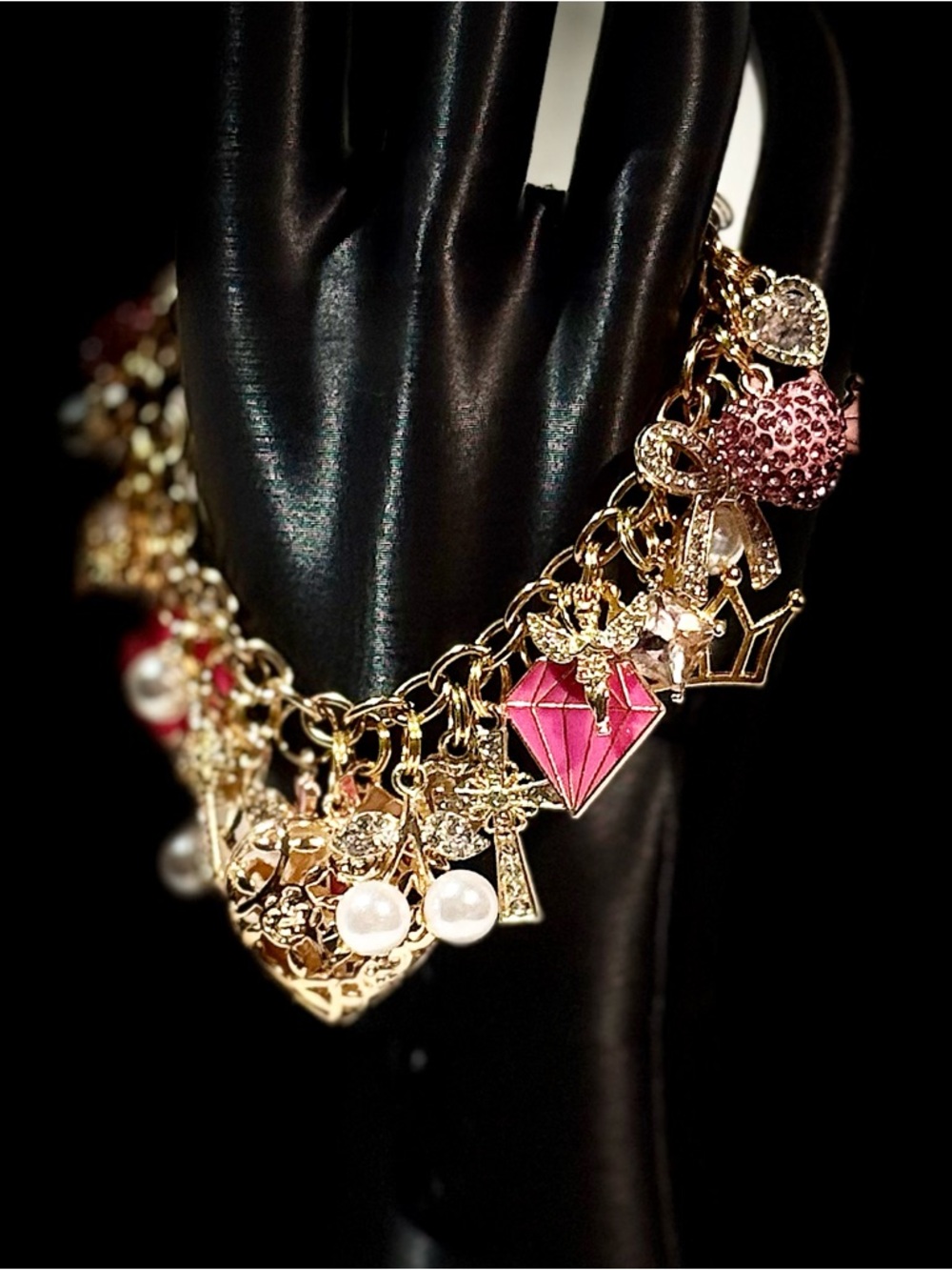Gold Charm Bracelet with Pink Accents and Pearls - Picture 4 of 5